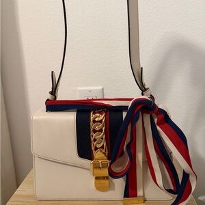 Gucci Sylvie Small,Elegant White Designer Shoulder Bag with Red and Blue Accents